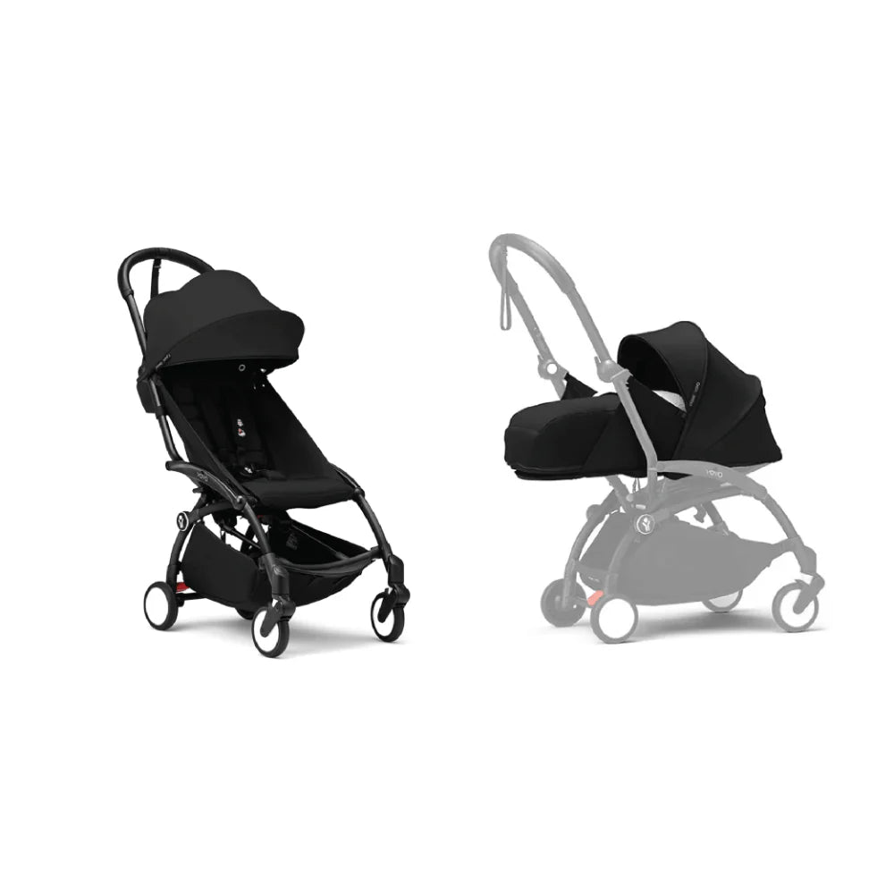 Stokke YOYO³ Complete Stroller With Newborn Pack – Black Frame, 0 Months+ Newborn Pack & 6 Months+ Color Pack, Flat-Lying Seat with Padded Mattress & Head Support, 5-Point Harness, Foldable & Travel-Friendly-black