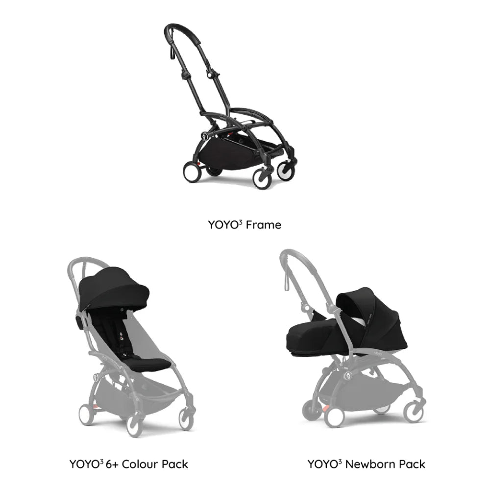 Stokke YOYO³ Complete Stroller With Newborn Pack – Black Frame, 0 Months+ Newborn Pack & 6 Months+ Color Pack, Flat-Lying Seat with Padded Mattress & Head Support, 5-Point Harness, Foldable & Travel-Friendly-black