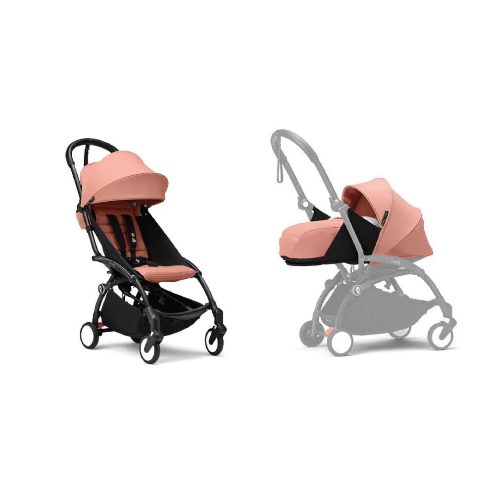 Stokke YOYO³ Complete Stroller With Newborn Pack – Black Frame, 0 Months+ Newborn Pack & 6 Months+ Color Pack, Flat-Lying Seat with Padded Mattress & Head Support, 5-Point Harness, Foldable & Travel-Friendly-Ginger