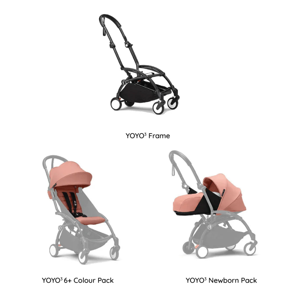 Stokke YOYO³ Complete Stroller With Newborn Pack – Black Frame, 0 Months+ Newborn Pack & 6 Months+ Color Pack, Flat-Lying Seat with Padded Mattress & Head Support, 5-Point Harness, Foldable & Travel-Friendly-Ginger