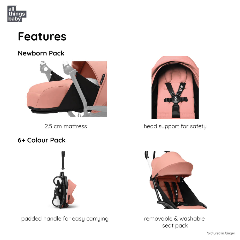 Stokke YOYO³ Complete Stroller With Newborn Pack – Black Frame, 0 Months+ Newborn Pack & 6 Months+ Color Pack, Flat-Lying Seat with Padded Mattress & Head Support, 5-Point Harness, Foldable & Travel-Friendly-Ginger