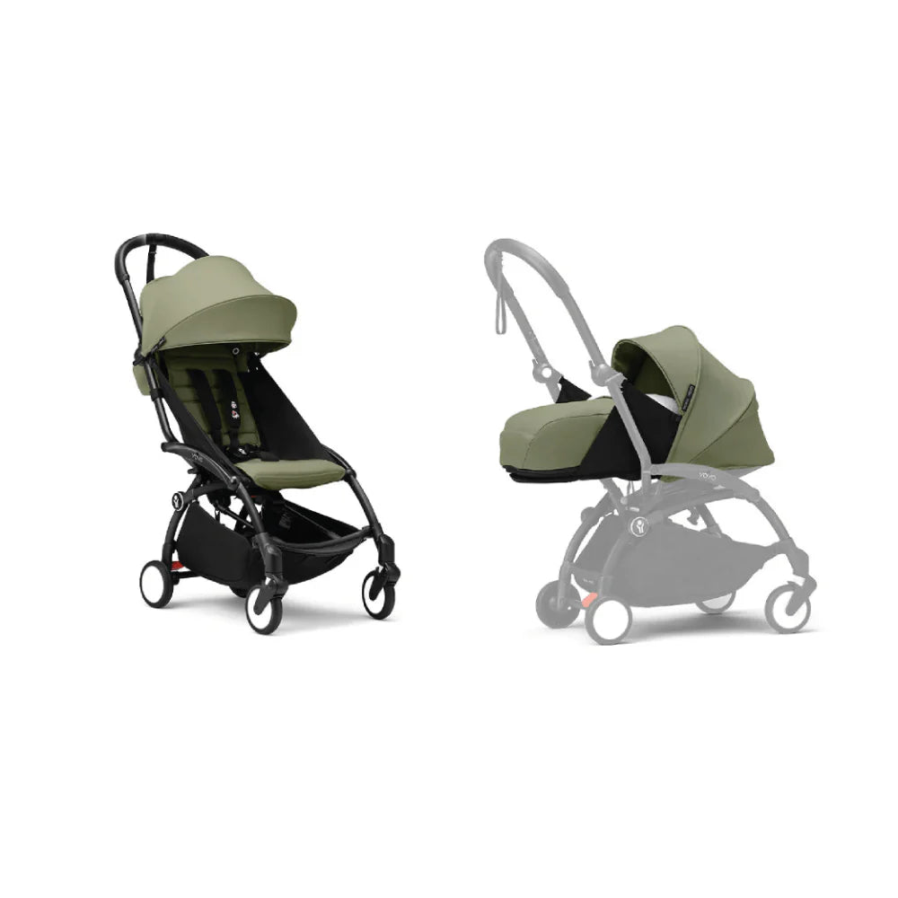 Stokke YOYO³ Complete Stroller With Newborn Pack – Black Frame, 0 Months+ Newborn Pack & 6 Months+ Color Pack, Flat-Lying Seat with Padded Mattress & Head Support, 5-Point Harness, Foldable & Travel-Friendly-Olive