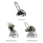 Stokke YOYO³ Complete Stroller With Newborn Pack – Black Frame, 0 Months+ Newborn Pack & 6 Months+ Color Pack, Flat-Lying Seat with Padded Mattress & Head Support, 5-Point Harness, Foldable & Travel-Friendly-Olive