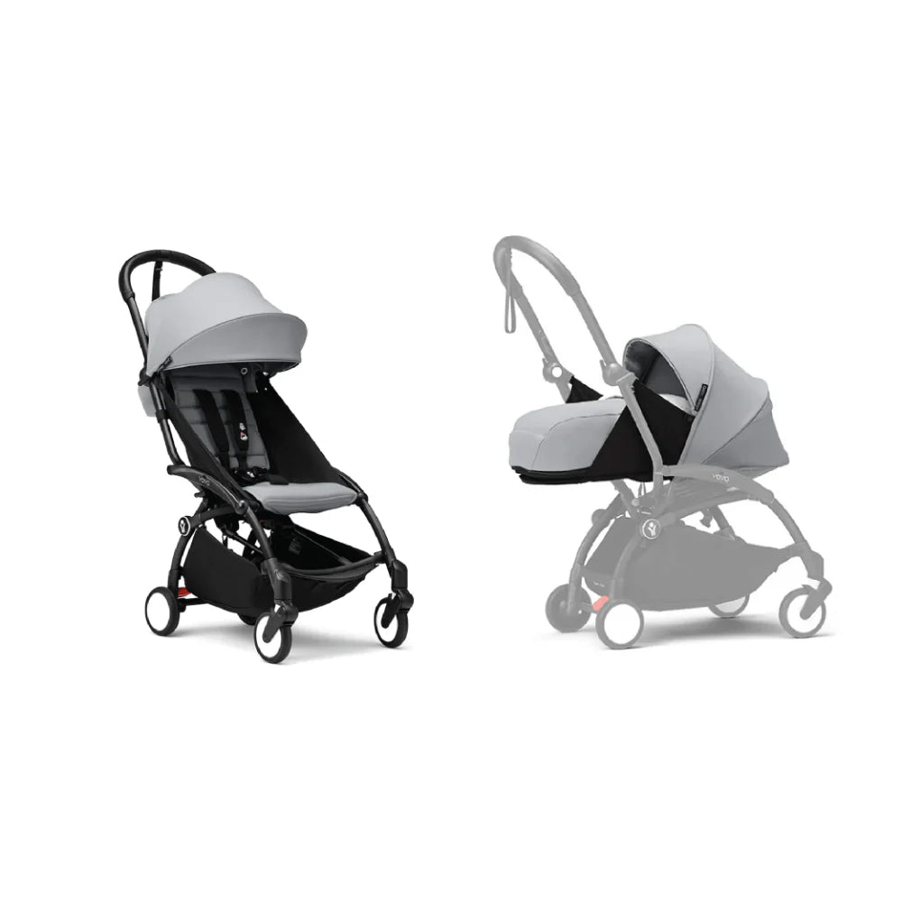 Stokke YOYO³ Complete Stroller With Newborn Pack – Black Frame, 0 Months+ Newborn Pack & 6 Months+ Color Pack, Flat-Lying Seat with Padded Mattress & Head Support, 5-Point Harness, Foldable & Travel-Friendly-Stone