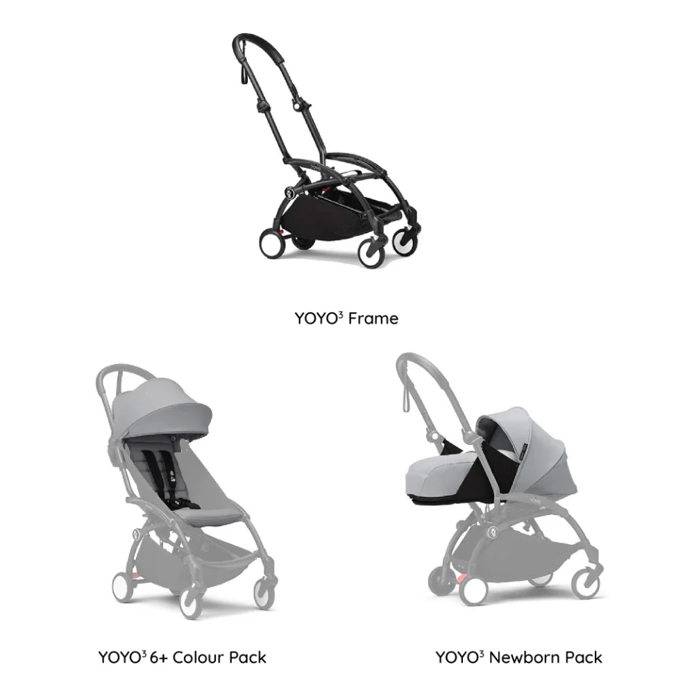 Stokke YOYO³ Complete Stroller With Newborn Pack – Black Frame, 0 Months+ Newborn Pack & 6 Months+ Color Pack, Flat-Lying Seat with Padded Mattress & Head Support, 5-Point Harness, Foldable & Travel-Friendly-Stone