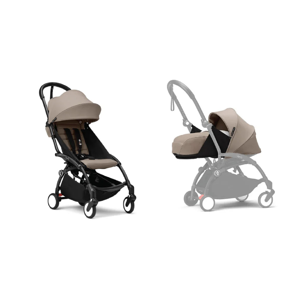 Stokke YOYO³ Complete Stroller With Newborn Pack – Black Frame, 0 Months+ Newborn Pack & 6 Months+ Color Pack, Flat-Lying Seat with Padded Mattress & Head Support, 5-Point Harness, Foldable & Travel-Friendly-Taupe