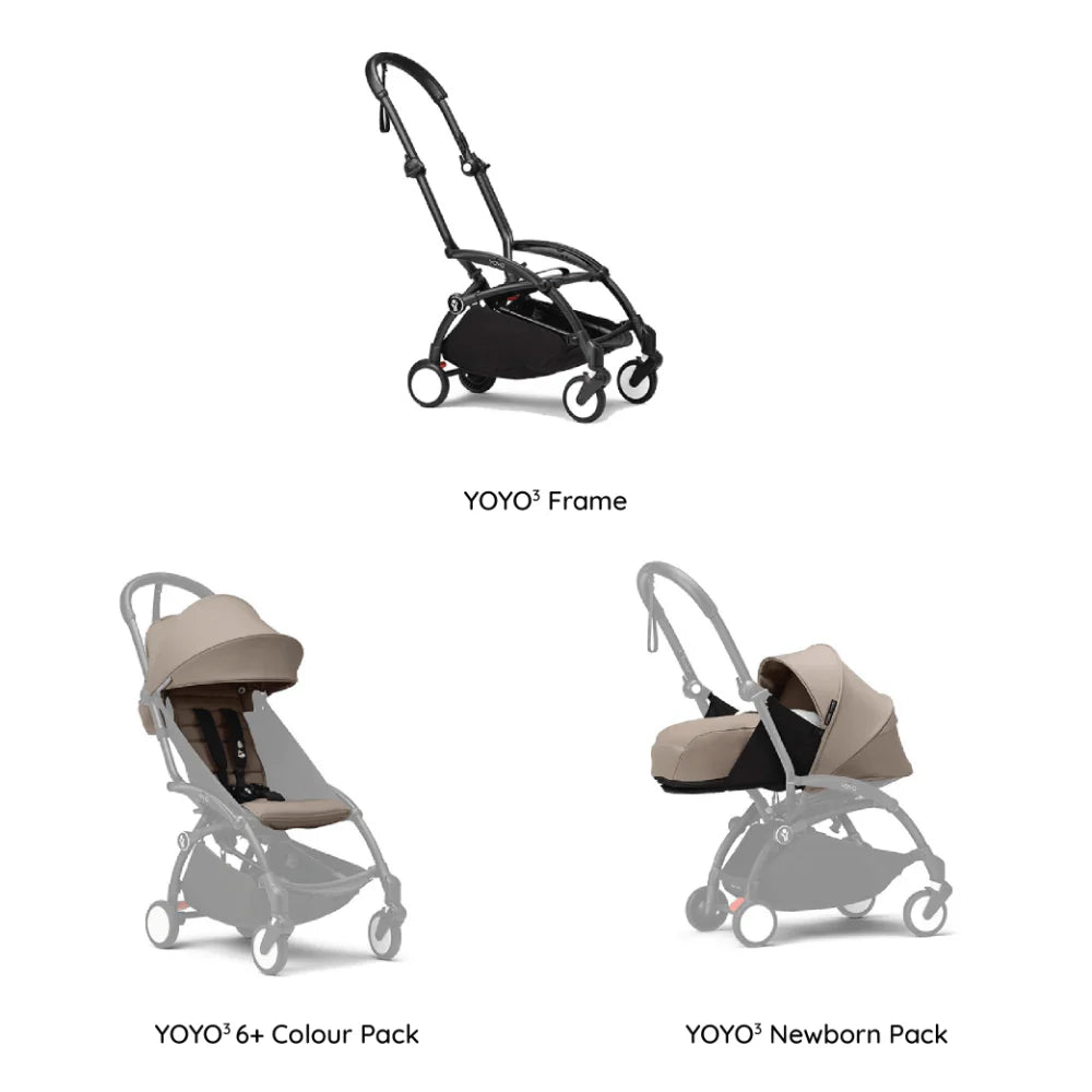 Stokke YOYO³ Complete Stroller With Newborn Pack – Black Frame, 0 Months+ Newborn Pack & 6 Months+ Color Pack, Flat-Lying Seat with Padded Mattress & Head Support, 5-Point Harness, Foldable & Travel-Friendly-Taupe