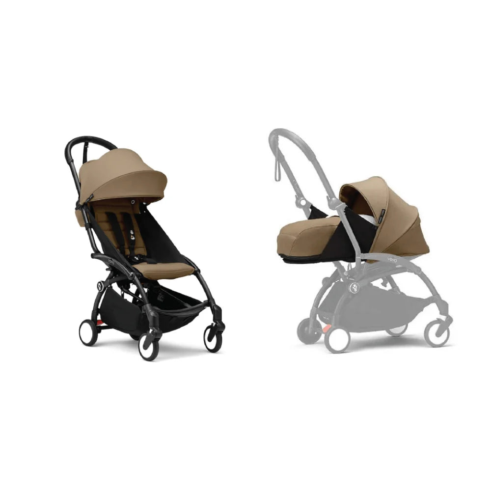 Stokke YOYO³ Complete Stroller With Newborn Pack – Black Frame, 0 Months+ Newborn Pack & 6 Months+ Color Pack, Flat-Lying Seat with Padded Mattress & Head Support, 5-Point Harness, Foldable & Travel-Friendly-Toffee