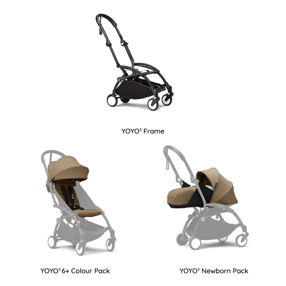 Stokke YOYO³ Complete Stroller With Newborn Pack – Black Frame, 0 Months+ Newborn Pack & 6 Months+ Color Pack, Flat-Lying Seat with Padded Mattress & Head Support, 5-Point Harness, Foldable & Travel-Friendly-Toffee