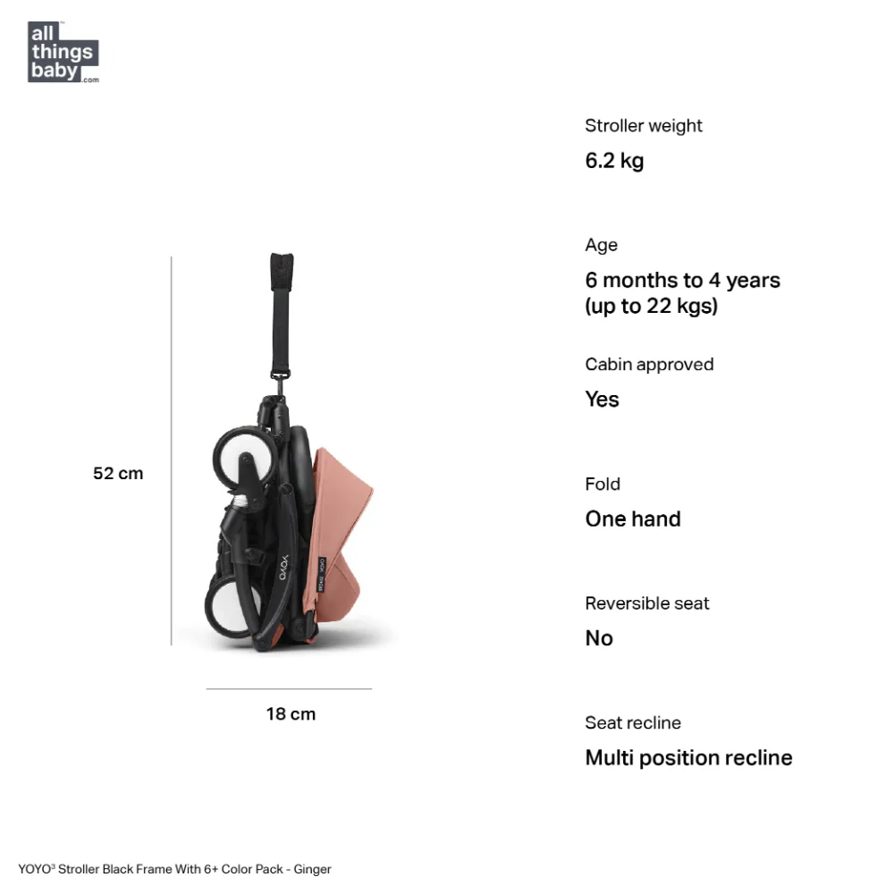 Stokke YOYO³ Stroller – Black Frame & 6 Months+ Color Pack – Lightweight, Compact, Foldable & Travel Friendly Stoller with Padded Seat & Canopy with Viewing Window, UPF 50 Months+ Sun Protection, Stroller for Babies from 6 Months to 4 Years-Ginger