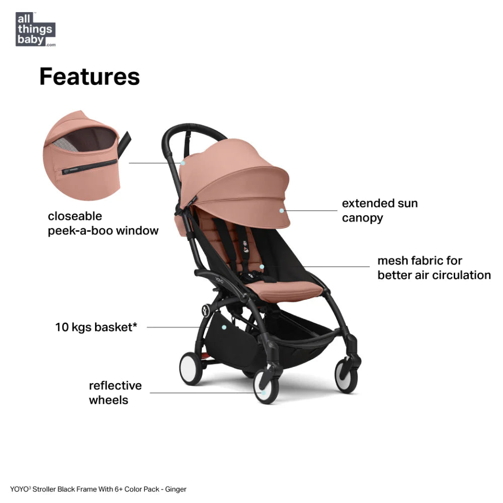 Stokke YOYO³ Stroller – Black Frame & 6 Months+ Color Pack – Lightweight, Compact, Foldable & Travel Friendly Stoller with Padded Seat & Canopy with Viewing Window, UPF 50 Months+ Sun Protection, Stroller for Babies from 6 Months to 4 Years-Ginger