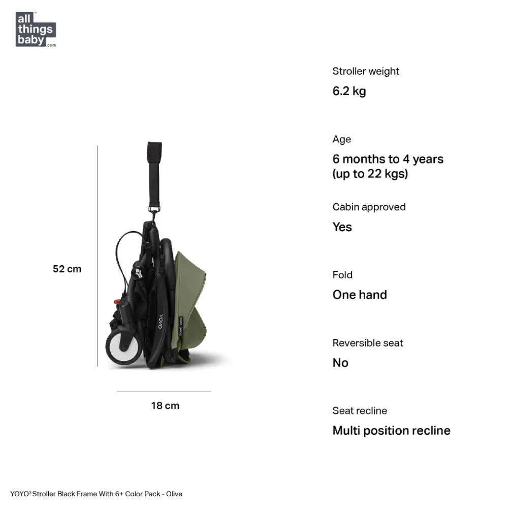 Stokke YOYO³ Stroller – Black Frame & 6 Months+ Color Pack – Lightweight, Compact, Foldable & Travel Friendly Stoller with Padded Seat & Canopy with Viewing Window, UPF 50 Months+ Sun Protection, Stroller for Babies from 6 Months to 4 Years-Olive