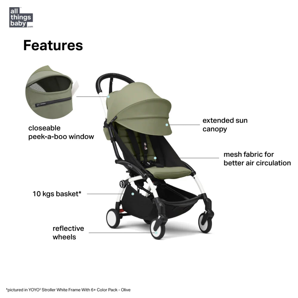Stokke YOYO³ Stroller – Black Frame & 6 Months+ Color Pack – Lightweight, Compact, Foldable & Travel Friendly Stoller with Padded Seat & Canopy with Viewing Window, UPF 50 Months+ Sun Protection, Stroller for Babies from 6 Months to 4 Years-Olive