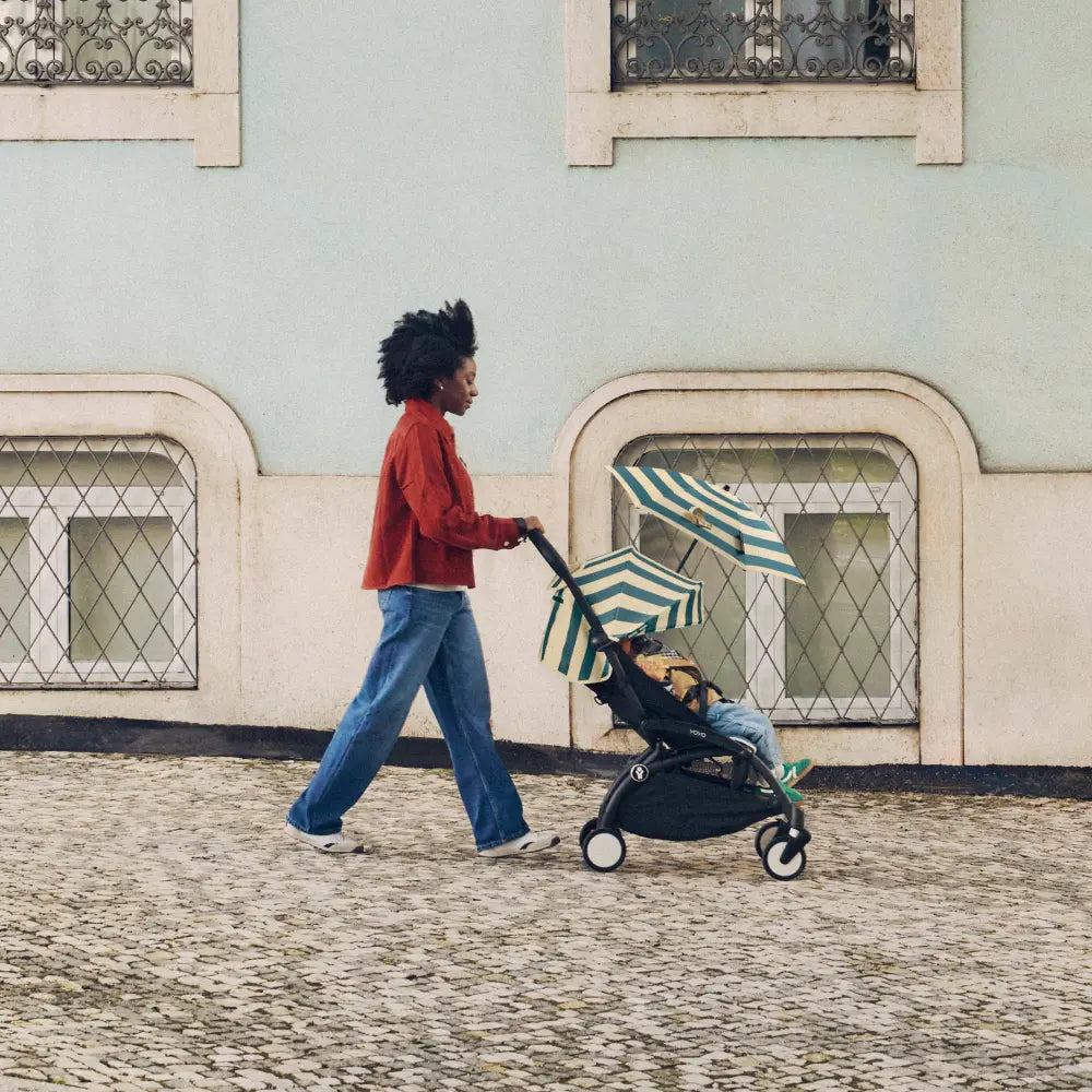 Stokke YOYO3 Riviera Stroller - Limited Edition Summer Collection | Includes Matching Seat Cushion, Canopy & Parasol | Cabin Friendly Ultra Compact Fold | UPF 50+ Sun Protection | Lightweight at 6.7 kg | 6 Months to 4 Years - Black/Monaco