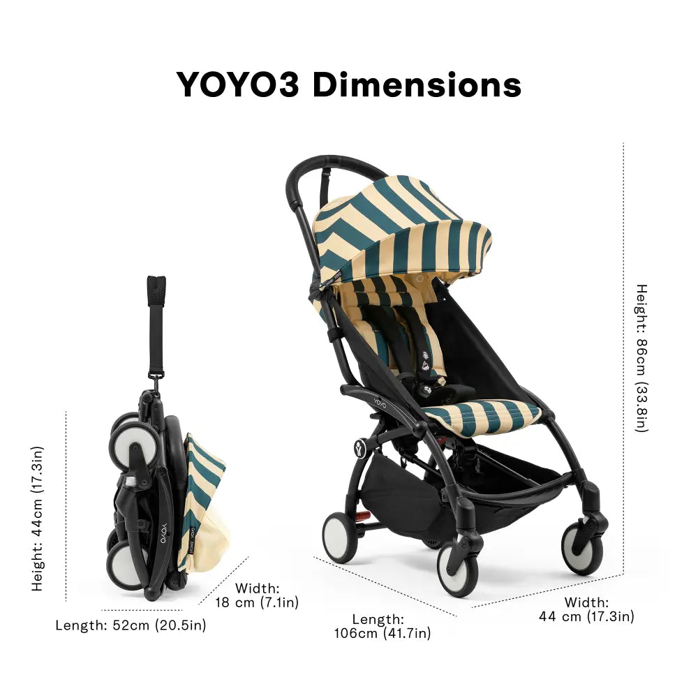 Stokke YOYO3 Riviera Stroller - Limited Edition Summer Collection | Includes Matching Seat Cushion, Canopy & Parasol | Cabin Friendly Ultra Compact Fold | UPF 50+ Sun Protection | Lightweight at 6.7 kg | 6 Months to 4 Years - Black/Monaco