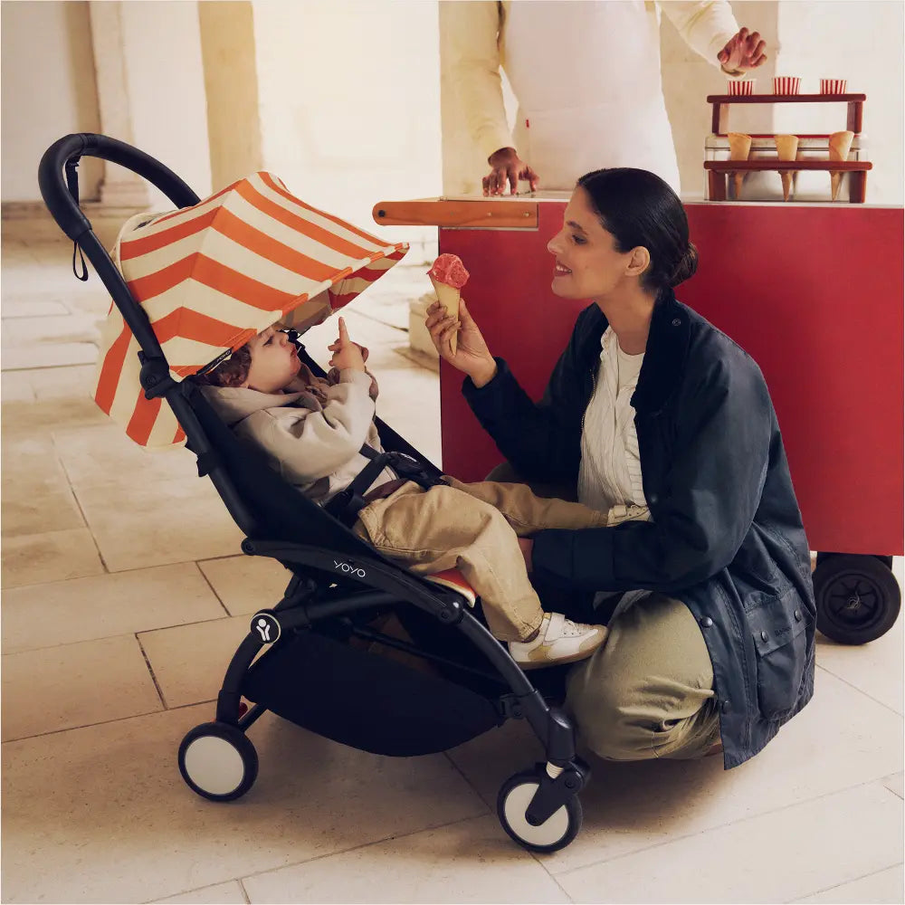 Stokke YOYO3 Riviera Stroller - Limited Edition Summer Collection | Includes Matching Seat Cushion, Canopy & Parasol | Cabin Friendly Ultra Compact Fold | UPF 50+ Sun Protection | Lightweight at 6.7 kg | 6 Months to 4 Years - Black/Capri