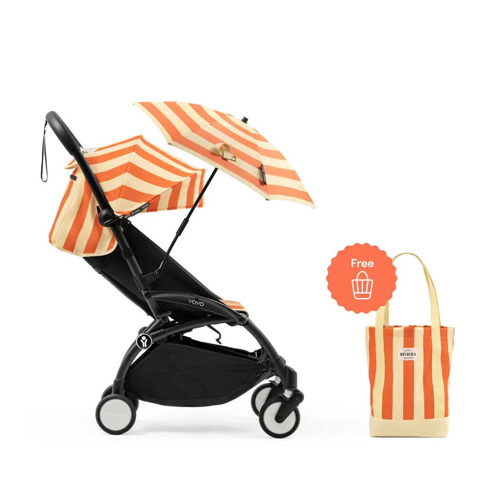 Stokke YOYO3 Riviera Stroller - Limited Edition Summer Collection | Includes Matching Seat Cushion, Canopy & Parasol | Cabin Friendly Ultra Compact Fold | UPF 50+ Sun Protection | Lightweight at 6.7 kg | 6 Months to 4 Years - Black/Capri