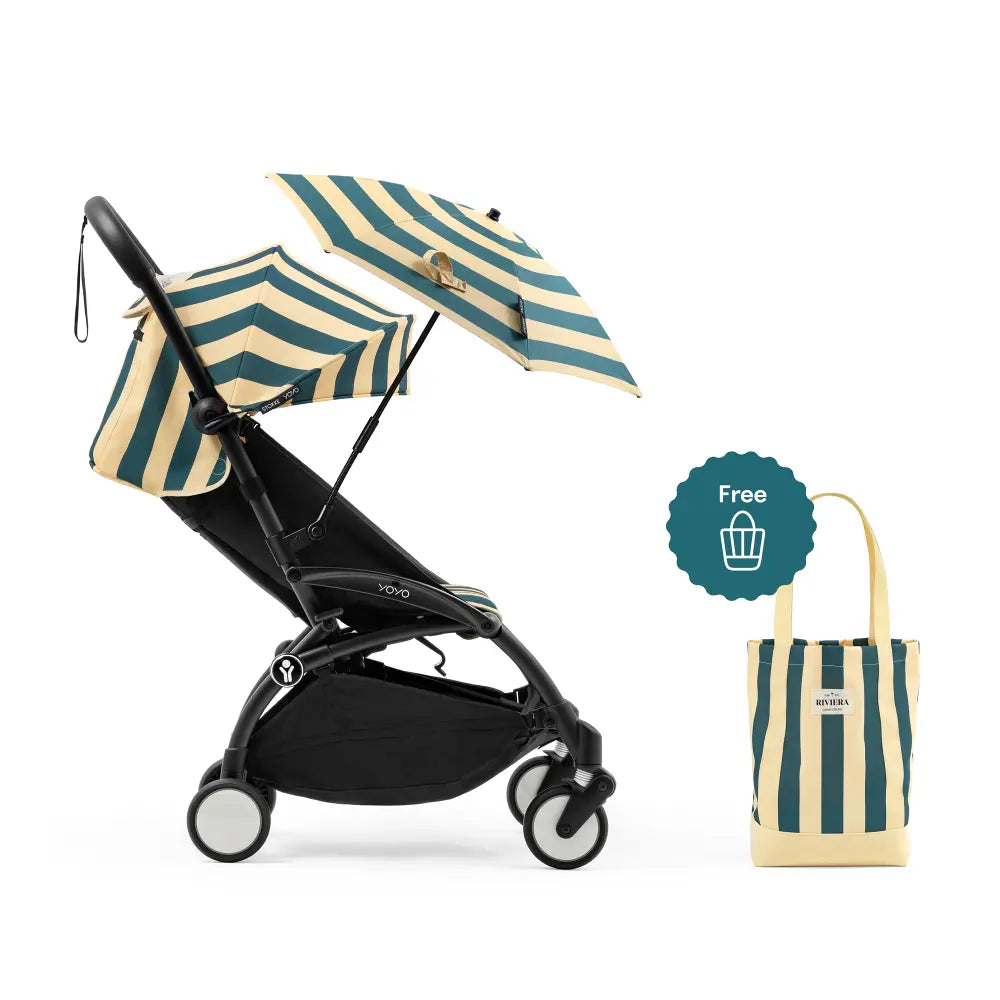 Stokke YOYO3 Riviera Stroller - Limited Edition Summer Collection | Includes Matching Seat Cushion, Canopy & Parasol | Cabin Friendly Ultra Compact Fold | UPF 50+ Sun Protection | Lightweight at 6.7 kg | 6 Months to 4 Years - Black/Monaco