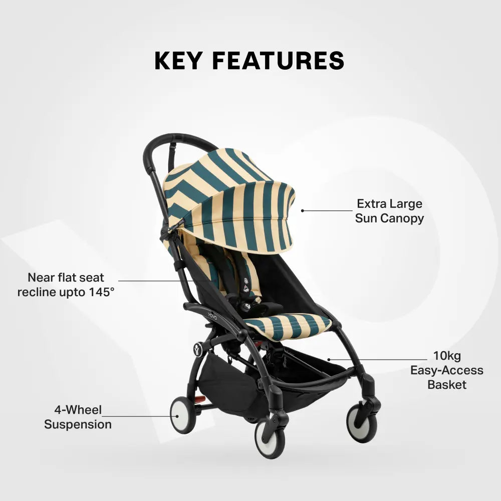Stokke YOYO3 Riviera Stroller - Limited Edition Summer Collection | Includes Matching Seat Cushion, Canopy & Parasol | Cabin Friendly Ultra Compact Fold | UPF 50+ Sun Protection | Lightweight at 6.7 kg | 6 Months to 4 Years - Black/Monaco