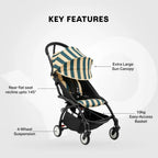 Stokke YOYO3 Riviera Stroller - Limited Edition Summer Collection | Includes Matching Seat Cushion, Canopy & Parasol | Cabin Friendly Ultra Compact Fold | UPF 50+ Sun Protection | Lightweight at 6.7 kg | 6 Months to 4 Years - Black/Monaco