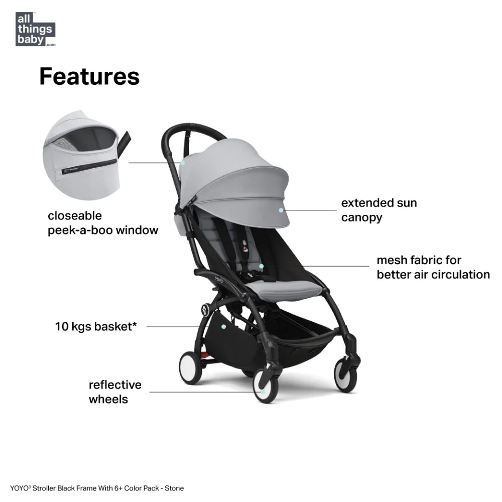 Stokke YOYO³ Stroller – Black Frame & 6 Months+ Color Pack – Lightweight, Compact, Foldable & Travel Friendly Stoller with Padded Seat & Canopy with Viewing Window, UPF 50 Months+ Sun Protection, Stroller for Babies from 6 Months to 4 Years-Stone