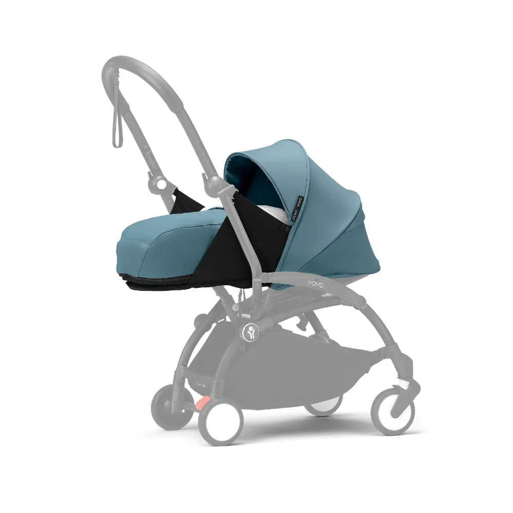 Stokke YOYO³ 0 Months+ Newborn Pack – Flat Lying Newborn Seat with 2.4cm Mattress, Head Support, 5-Point Safety Harness, Foot Cover & Canopy - Requires YOYO Frame Aqua