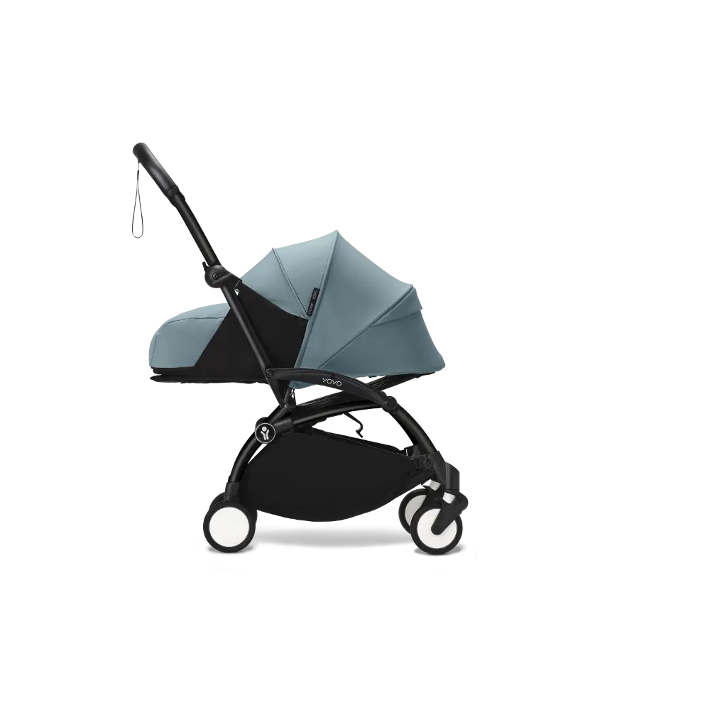 Stokke YOYO³ 0 Months+ Newborn Pack – Flat Lying Newborn Seat with 2.4cm Mattress, Head Support, 5-Point Safety Harness, Foot Cover & Canopy - Requires YOYO Frame Aqua