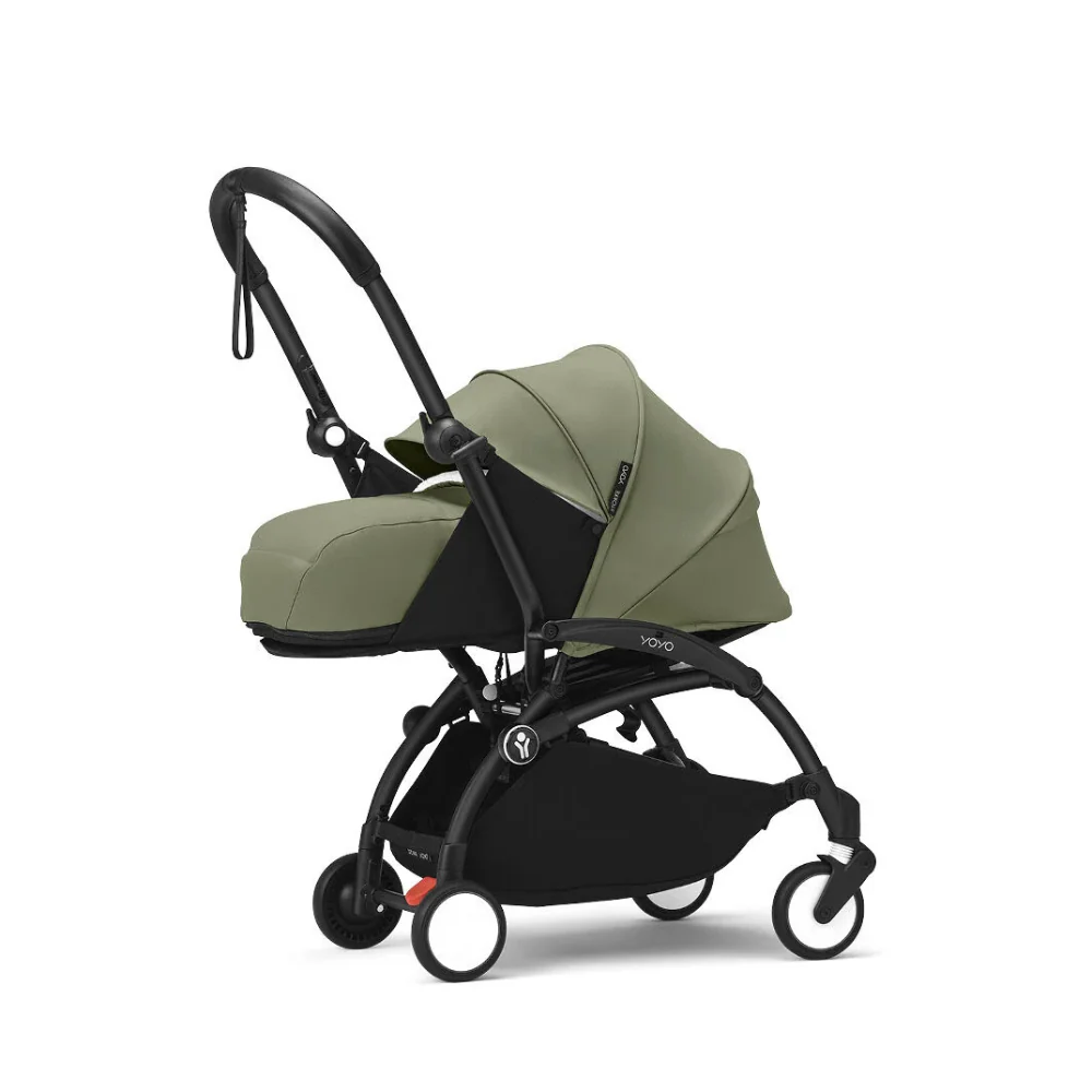 Stokke YOYO³ 0 Months+ Newborn Pack – Flat Lying Newborn Seat with 2.4cm Mattress, Head Support, 5-Point Safety Harness, Foot Cover & Canopy - Requires YOYO Frame Olive