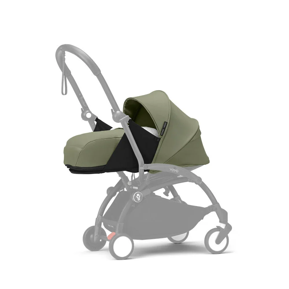 Stokke YOYO³ 0 Months+ Newborn Pack – Flat Lying Newborn Seat with 2.4cm Mattress, Head Support, 5-Point Safety Harness, Foot Cover & Canopy - Requires YOYO Frame Olive