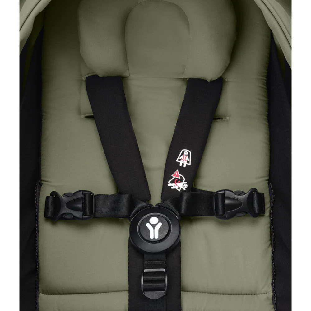 Stokke YOYO³ 0 Months+ Newborn Pack – Flat Lying Newborn Seat with 2.4cm Mattress, Head Support, 5-Point Safety Harness, Foot Cover & Canopy - Requires YOYO Frame Olive