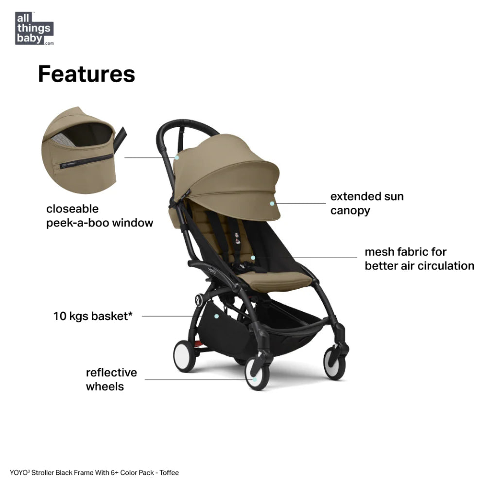 Stokke YOYO³ Stroller – Black Frame & 6 Months+ Color Pack – Lightweight, Compact, Foldable & Travel Friendly Stoller with Padded Seat & Canopy with Viewing Window, UPF 50 Months+ Sun Protection, Stroller for Babies from 6 Months to 4 Years-Toffee