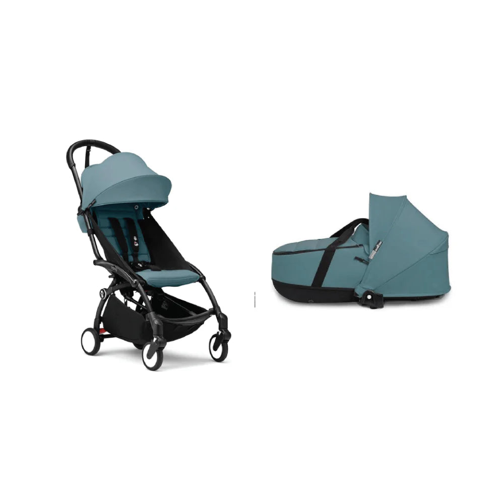 Stokke YOYO³ Complete Stroller Combo With Bassinet – Black Frame,Newborn Bassinet & 6 Months+ Color Pack – Flat Recline & Detatchable Bassinet & Comfortable Padded Seat, Foldable, Lightweight, Travel-Ready, Stroller for Baby from Newborn to 4 Years-Aqua