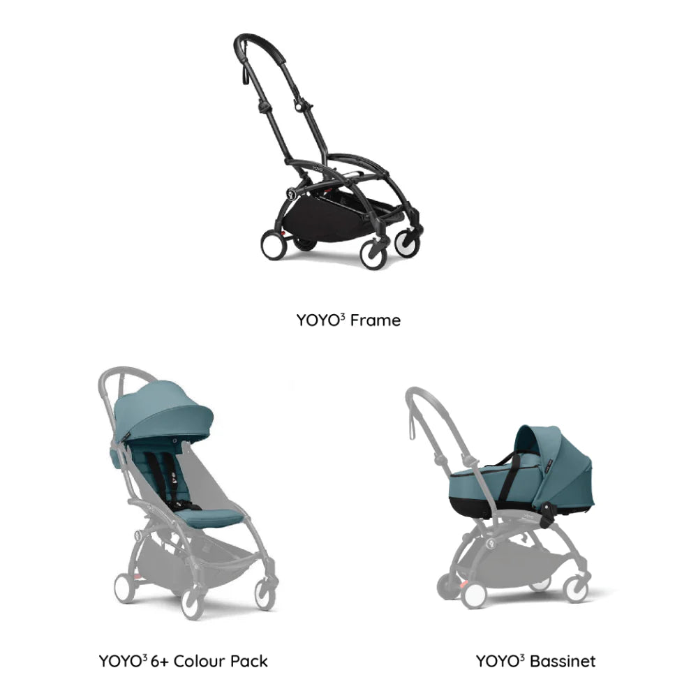 Stokke YOYO³ Complete Stroller Combo With Bassinet – Black Frame,Newborn Bassinet & 6 Months+ Color Pack – Flat Recline & Detatchable Bassinet & Comfortable Padded Seat, Foldable, Lightweight, Travel-Ready, Stroller for Baby from Newborn to 4 Years-Aqua