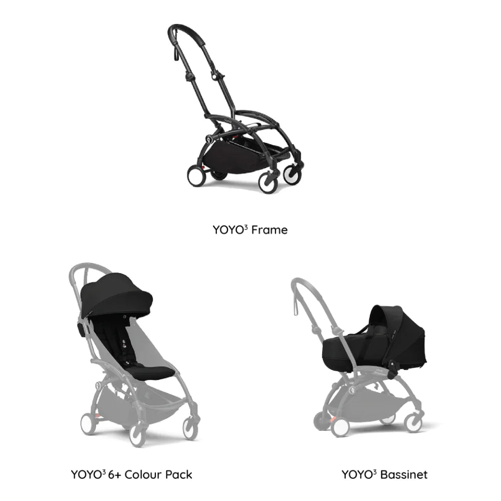 Stokke YOYO³ Complete Stroller Combo With Bassinet – Black Frame, Newborn Bassinet & 6 Months+ Color Pack – Flat Recline & Detatchable Bassinet & Comfortable Padded Seat, Foldable, Lightweight, Travel-Ready, Stroller for Baby from Newborn to 4 Years-black