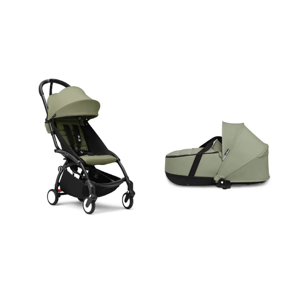 Stokke YOYO³ Complete Stroller Combo With Bassinet – Black Frame,Newborn Bassinet & 6 Months+ Color Pack – Flat Recline & Detatchable Bassinet & Comfortable Padded Seat, Foldable, Lightweight, Travel-Ready, Stroller for Baby from Newborn to 4 Years-Olive