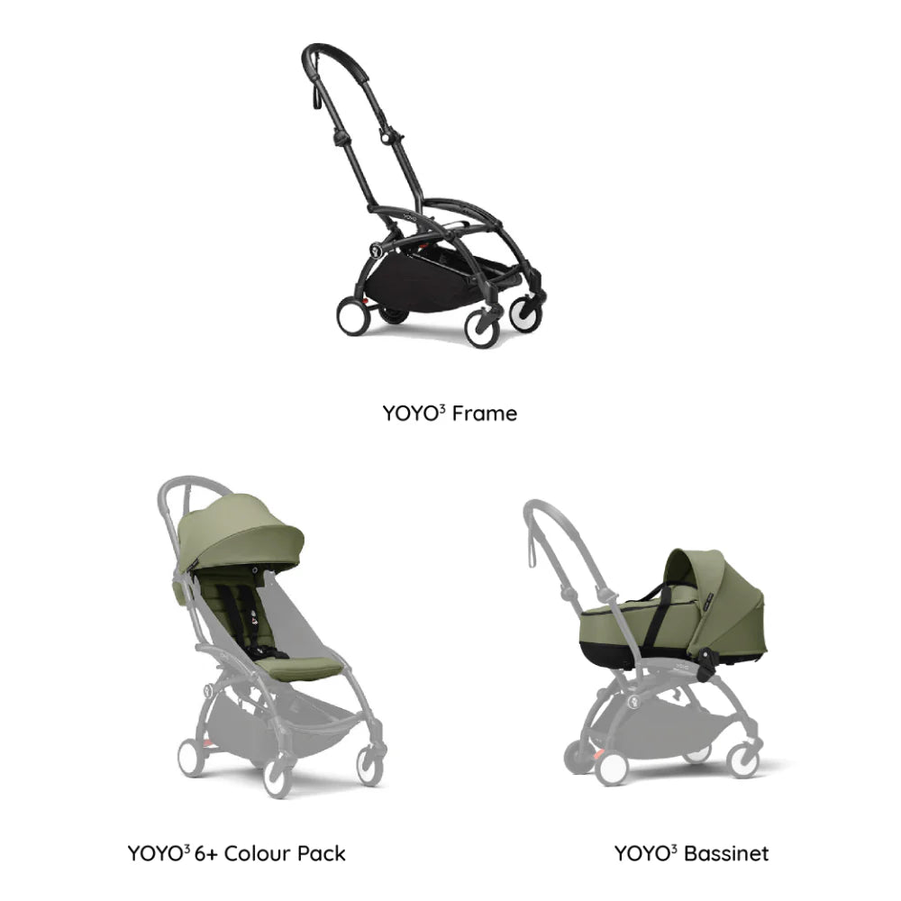Stokke YOYO³ Complete Stroller Combo With Bassinet – Black Frame,Newborn Bassinet & 6 Months+ Color Pack – Flat Recline & Detatchable Bassinet & Comfortable Padded Seat, Foldable, Lightweight, Travel-Ready, Stroller for Baby from Newborn to 4 Years-Olive