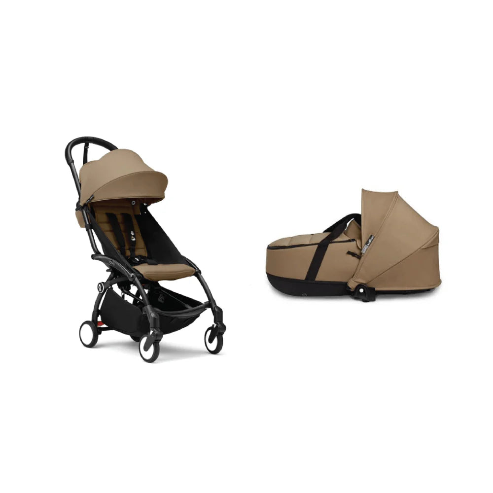 Stokke YOYO³ Complete Stroller Combo With Bassinet – Black Frame,Newborn Bassinet & 6 Months+ Color Pack – Flat Recline & Detatchable Bassinet & Comfortable Padded Seat, Foldable, Lightweight, Travel-Ready, Stroller for Baby from Newborn to 4 Years-Toffee