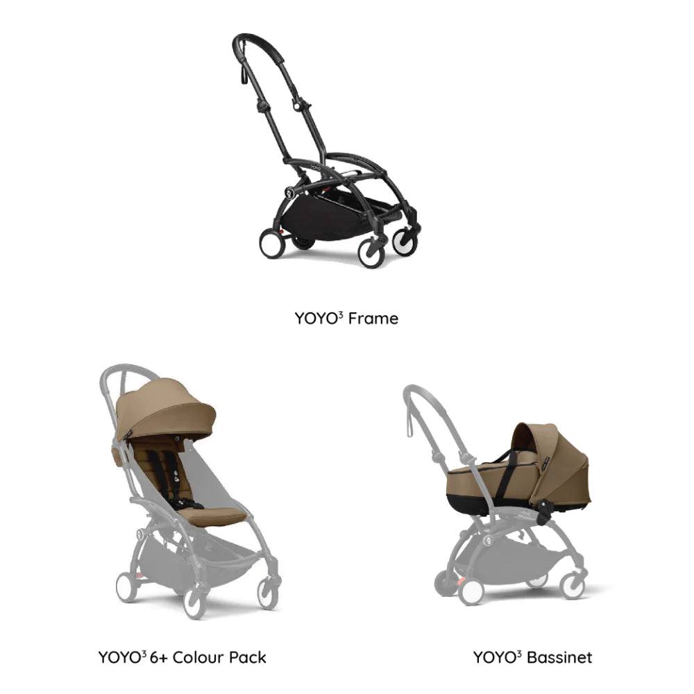 Stokke YOYO³ Complete Stroller Combo With Bassinet – Black Frame,Newborn Bassinet & 6 Months+ Color Pack – Flat Recline & Detatchable Bassinet & Comfortable Padded Seat, Foldable, Lightweight, Travel-Ready, Stroller for Baby from Newborn to 4 Years-Toffee