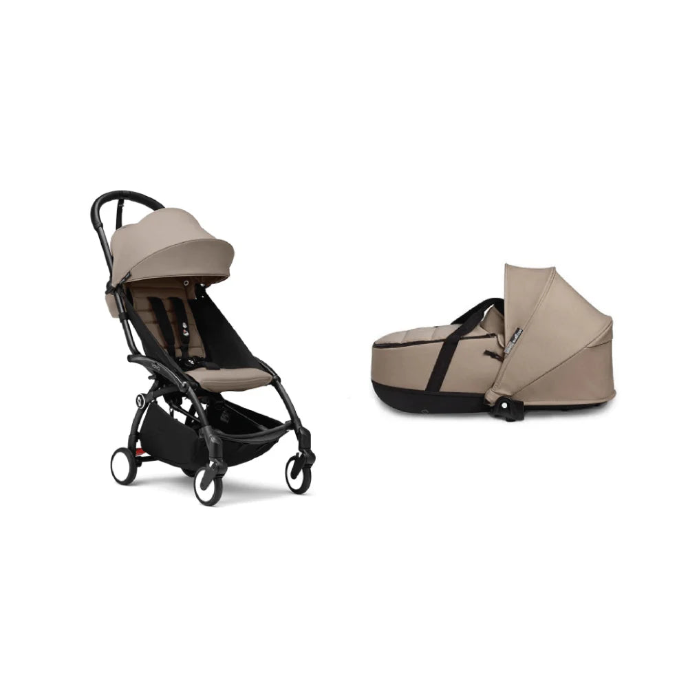 Stokke YOYO³ Complete Stroller Combo With Bassinet – Black Frame,Newborn Bassinet & 6 Months+ Color Pack – Flat Recline & Detatchable Bassinet & Comfortable Padded Seat, Foldable, Lightweight, Travel-Ready, Stroller for Baby from Newborn to 4 Years-Taupe