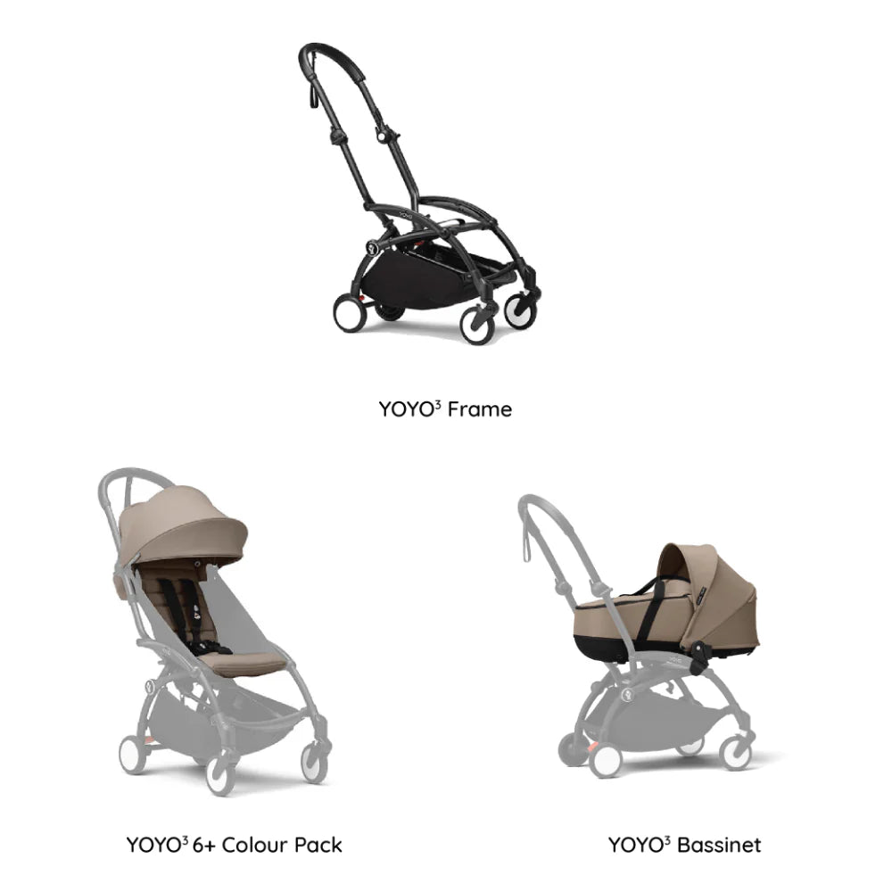 Stokke YOYO³ Complete Stroller Combo With Bassinet – Black Frame,Newborn Bassinet & 6 Months+ Color Pack – Flat Recline & Detatchable Bassinet & Comfortable Padded Seat, Foldable, Lightweight, Travel-Ready, Stroller for Baby from Newborn to 4 Years-Taupe