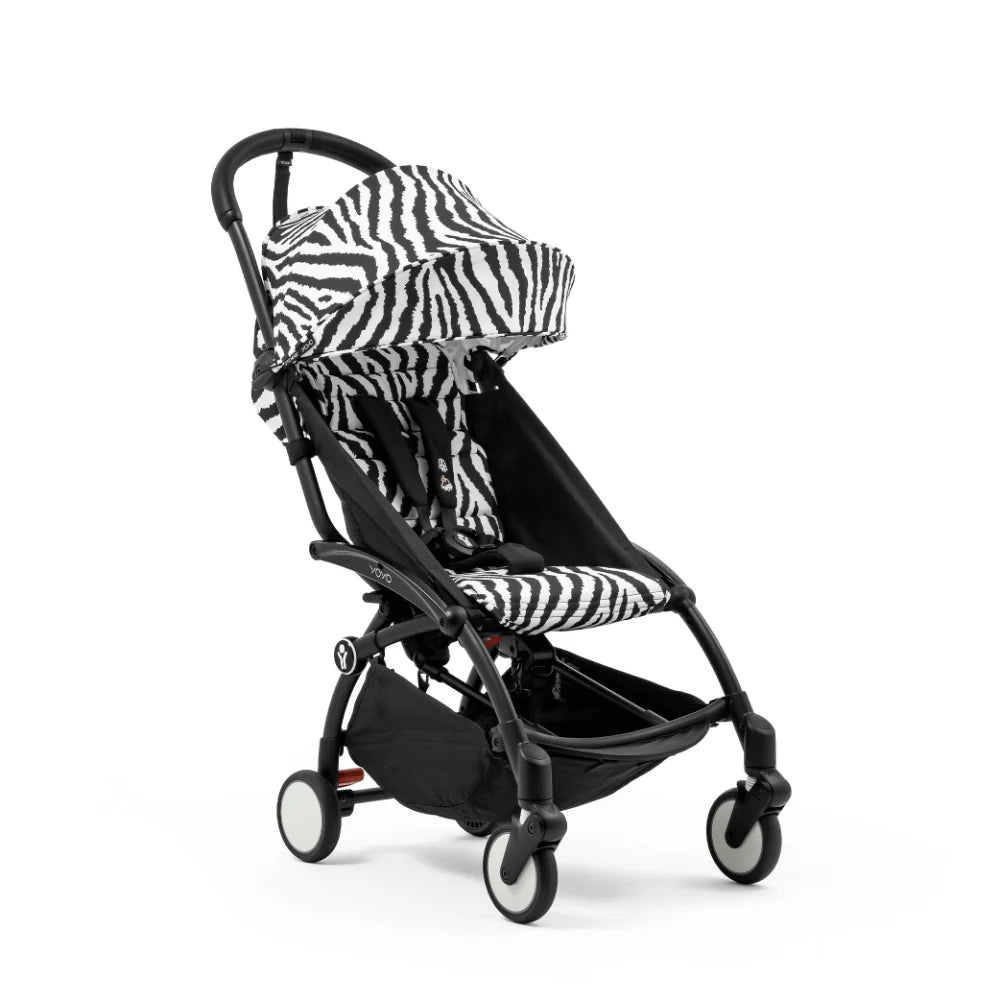 Stokke YOYO³ Stroller – Black Frame & 6 Months+ Color Pack – Lightweight, Compact, Foldable & Travel Friendly Stoller with Padded Seat & Canopy with Viewing Window, UPF 50 Months+ Sun Protection, Stroller for Babies from 6 Months to 4 Years-Zebra