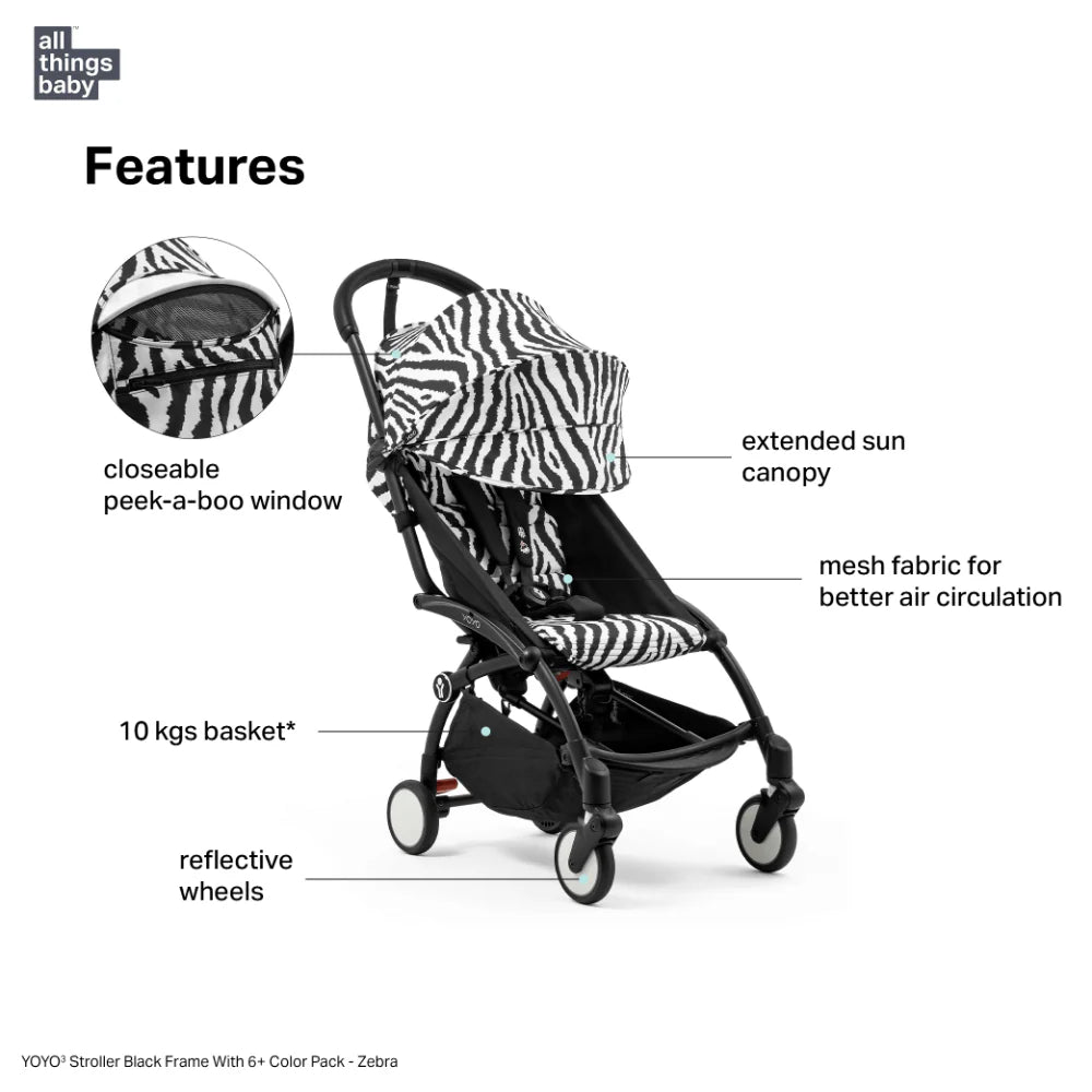 Stokke YOYO³ Stroller – Black Frame & 6 Months+ Color Pack – Lightweight, Compact, Foldable & Travel Friendly Stoller with Padded Seat & Canopy with Viewing Window, UPF 50 Months+ Sun Protection, Stroller for Babies from 6 Months to 4 Years-Zebra